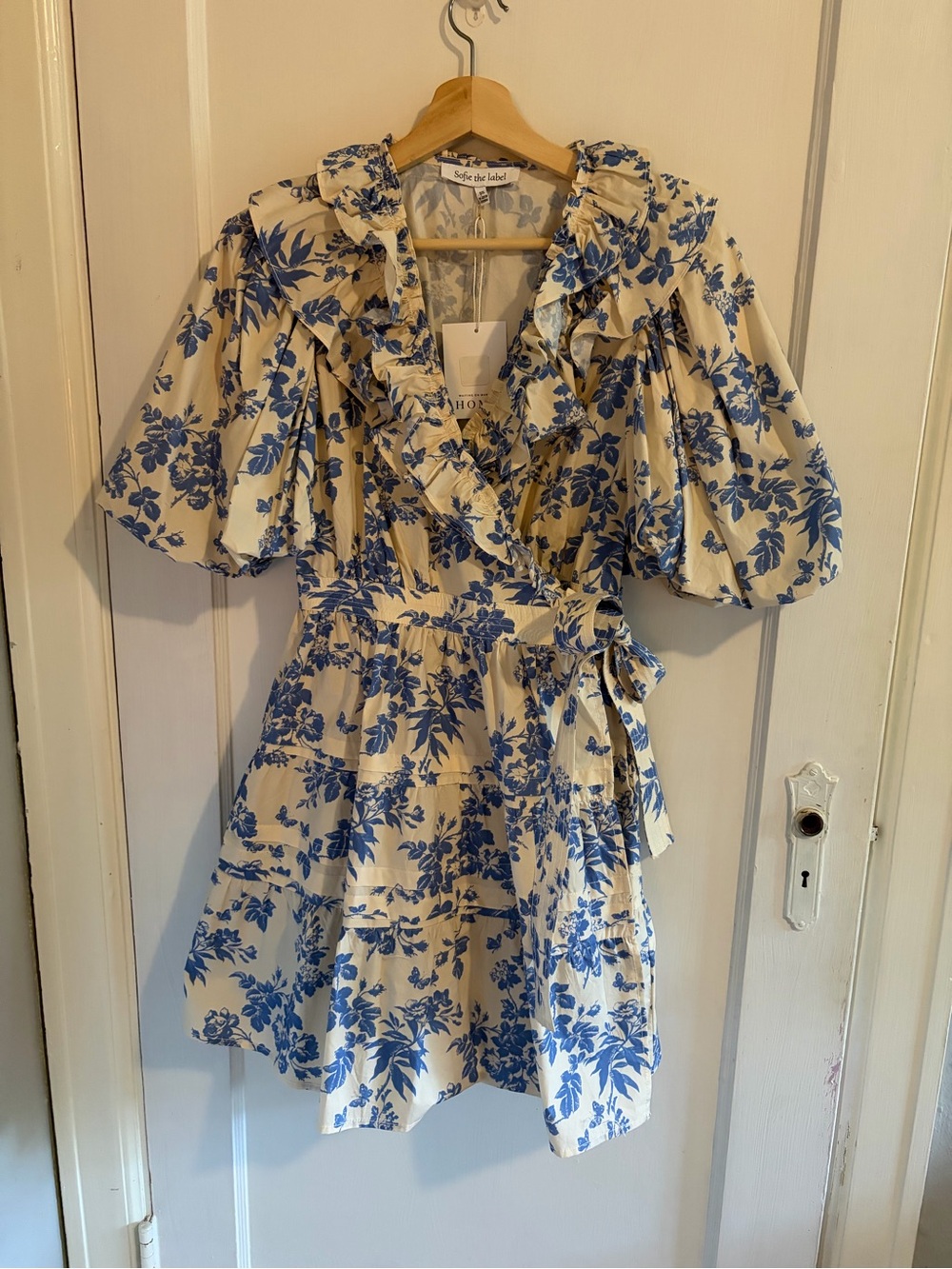 Saylor Ivory and Blue Floral Ruffle Wrap Mini Dress